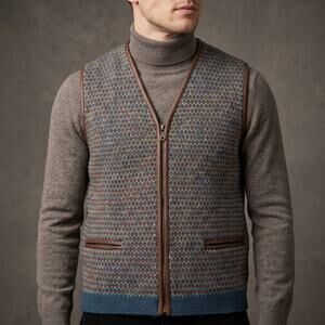 Vika Men's Zip Vest Icelandic Wool Vintage Patterned Leather Trim Boho Medium